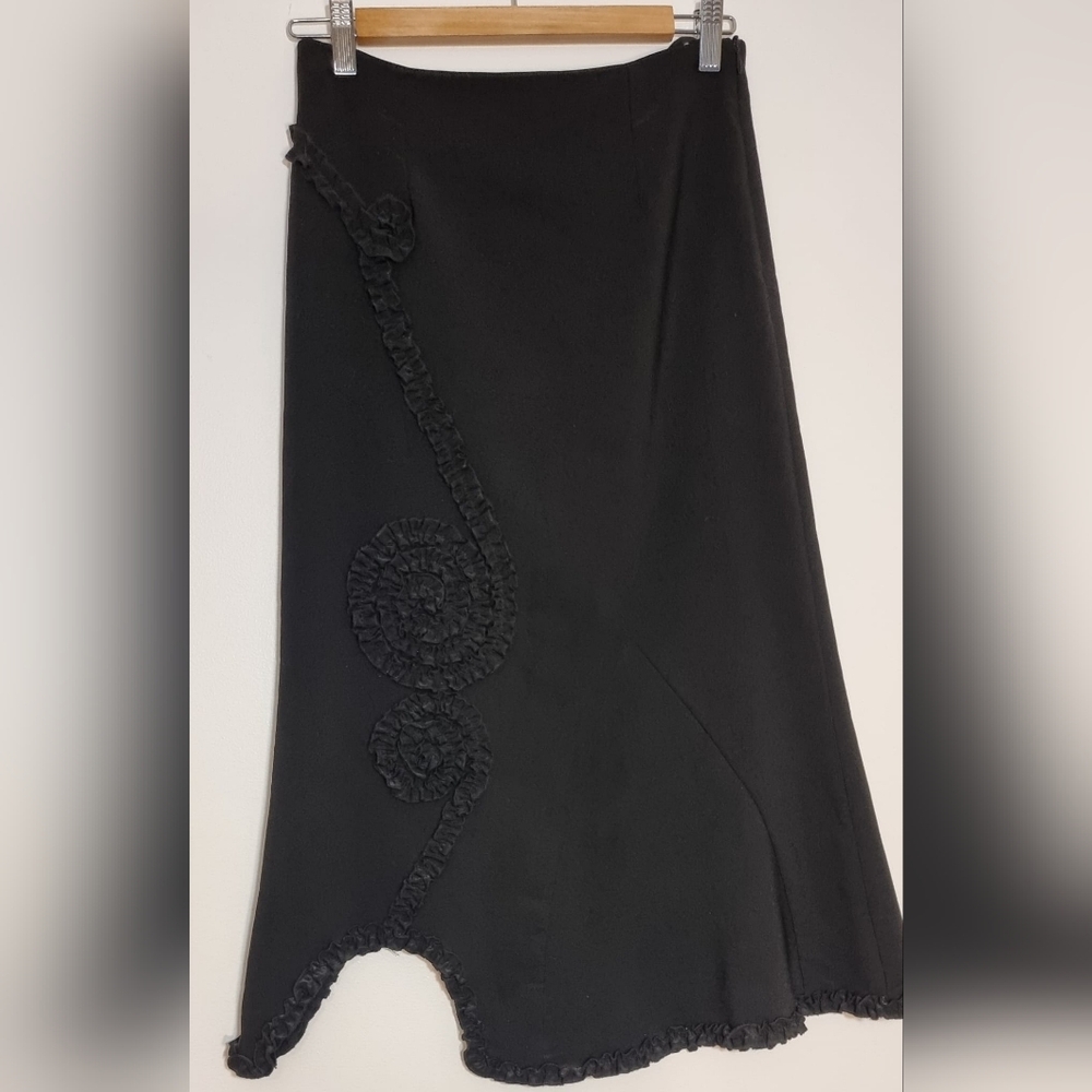 Black A-Line Midi Skirt with Decorative Ruffle Trim